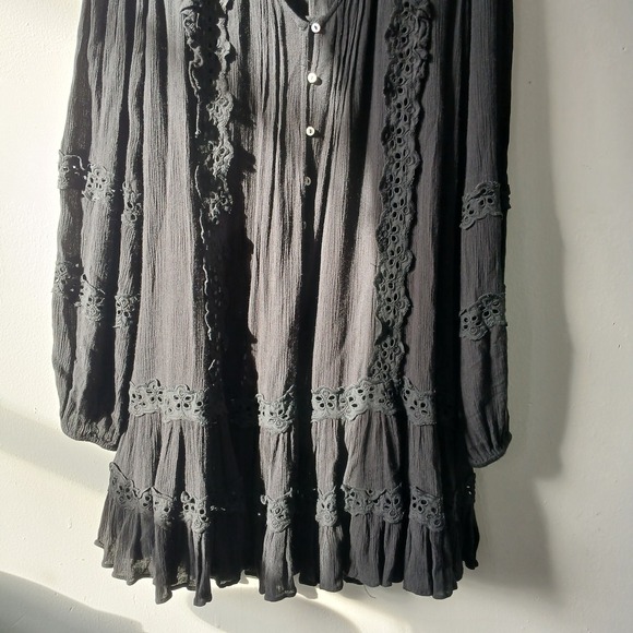 Free People Size Small‎ Snow Angel Mini Dress Black Long Sleeve Bohemian Slip - Picture 4 of 13